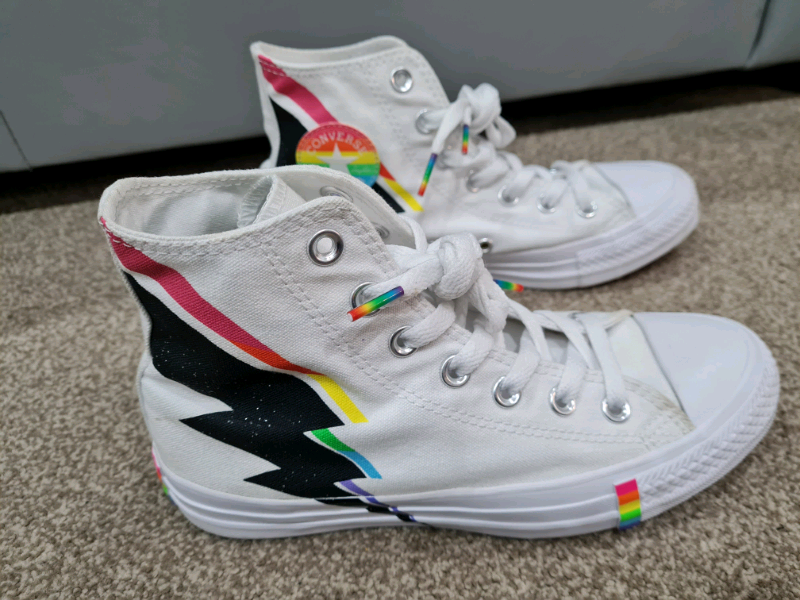 converse pride chuck taylor hi all star white and rainbow lightning bolt trainers